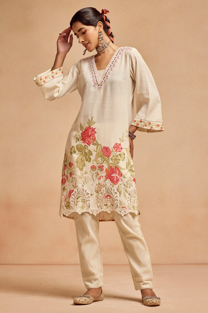 Cream Printed Kurta Set